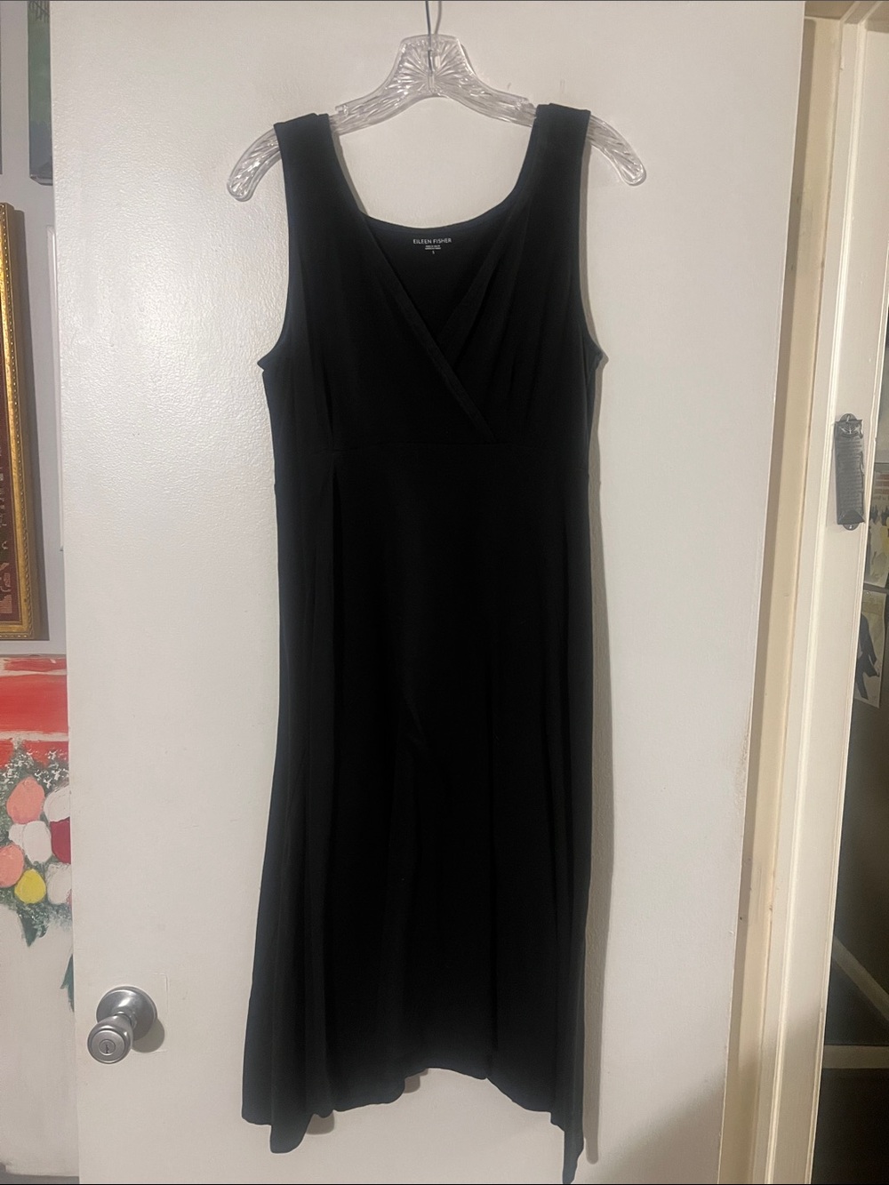 Eileen Fisher black sleeveless surplice wrap dress